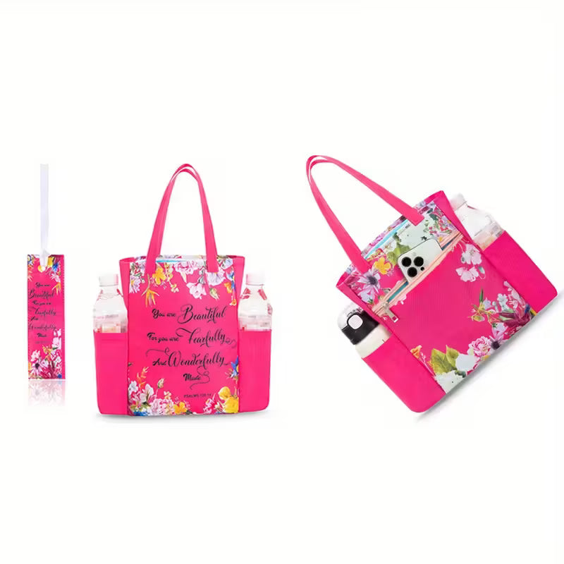 Floral Bible Cover Bag – Zippered Carry Case with Pockets & Handle