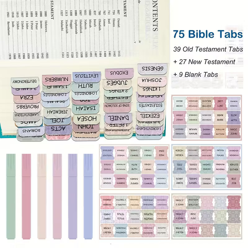 Bible Tabs Set with 6 No-Bleed Highlighters & 75 Sticky Tabs