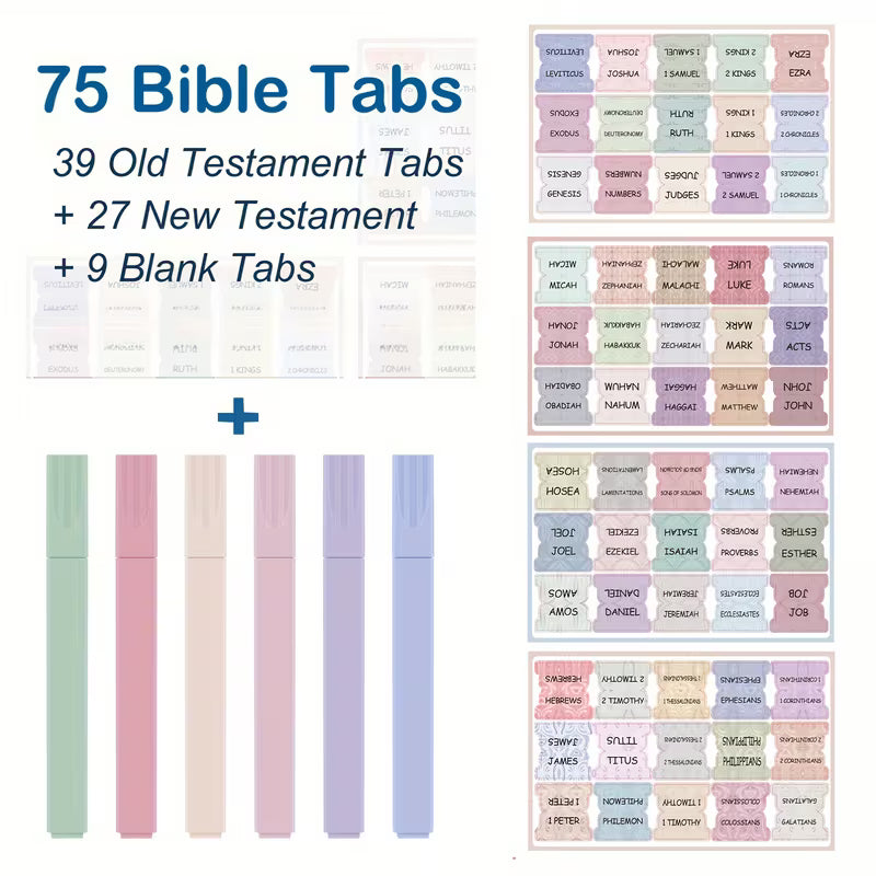Bible Tabs Set with 6 No-Bleed Highlighters & 75 Sticky Tabs