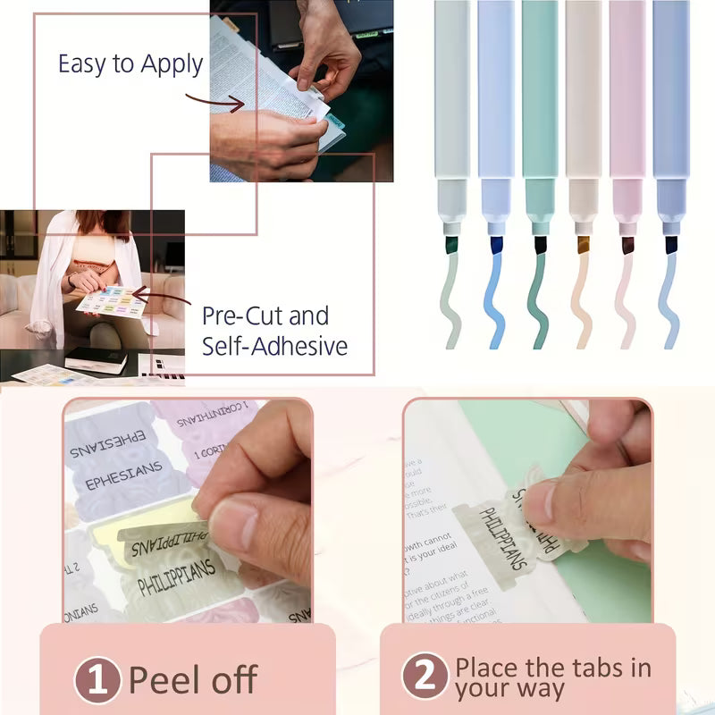 Bible Tabs Set with 6 No-Bleed Highlighters & 75 Sticky Tabs